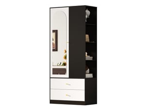 Armoire avec miroir, penderie, 2 tiroirs et 4 niches, fermeture douce, pour chambre, blanc et noir, 80 × 40 × 180 cm