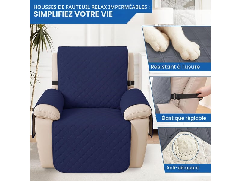 Housse imperméable pour fauteuil inclinable – protection de canapé résistante aux taches – lavable – pour fauteuil de massage une place – bleu foncé - Conforama C