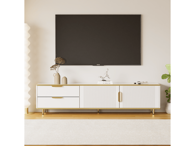  Meuble tv design bas avec texture sculptée, poignées et pieds dorés et structure marbrée meuble tv contemporain  - Conforama A