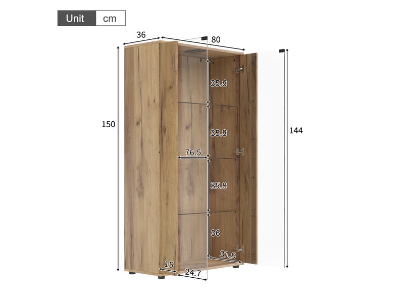  Vitrine 2 portes en verre avec led 4 étagères coloris naturel 80 x 36 x 150.5 cm  - Conforama C