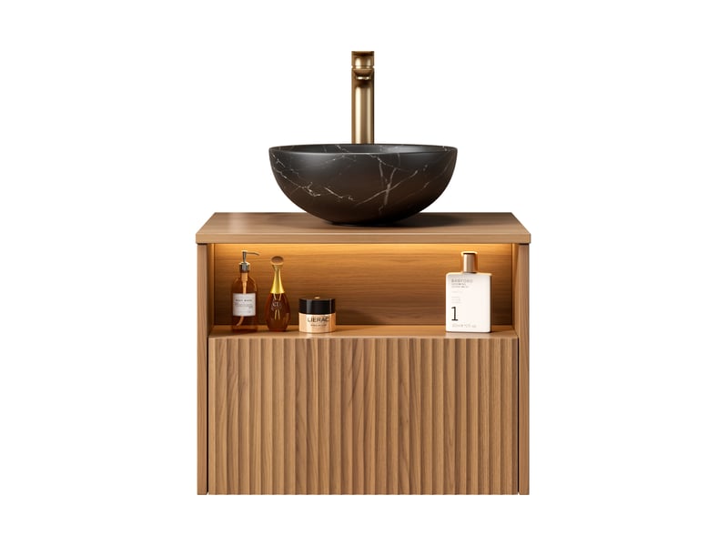  Meuble sous vasque 1 tiroir, niche ouverte et led à détection, en contreplaqué et céramique, salle de bain 60×46×60,8 cm  - Conforama A