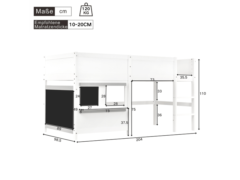  Lit mezzanine enfant 90x200 cm blanc en bois de pin, avec tableaux à dessin et petite étagère  - Conforama C