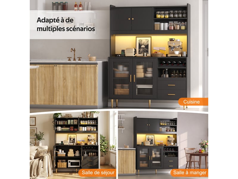  Meuble de cuisine 130 x 40 x 172 cm muvano, noir avec éclairage led et prises intégrées  - Conforama B