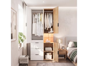 Armoire dressing 90 x 49 x 200 cm, led, tiroir à bijoux, 2 tringles et 4 tiroirs, blanc et bois naturel