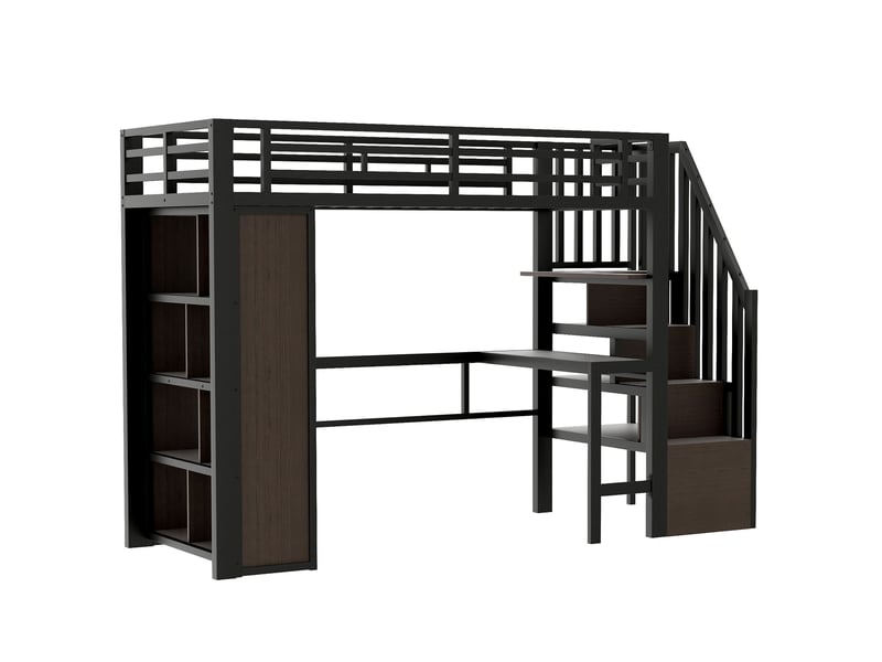  Lit mezzanine métal noir 90x200 cm avec bureau led rangement escalier  - Conforama D