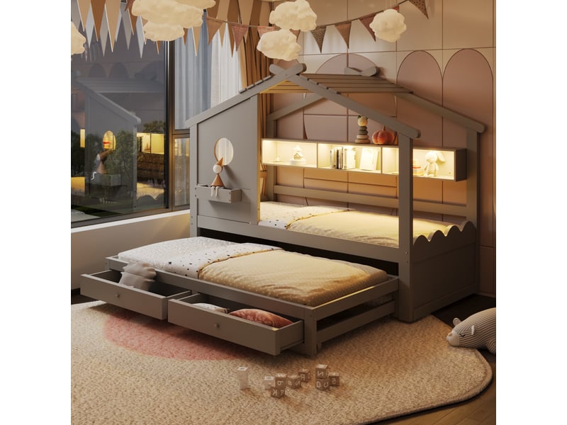  Lit enfant 90x200 cm - lit gigogne 90x200 cm - led rgb connectée et prises usb - 2 tiroirs - gris  - Conforama B