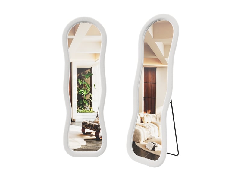 Miroir de sol ondulé 160x50 cm, cadre velours doux style scandinave, pour chambre et salon, avec pied u, verre trempé sécurisé, blanc  - Conforama A