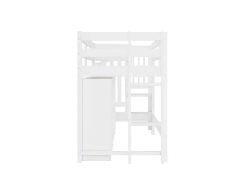 Lit mezzanine 90x200 cm blanc, avec rangements, étagères, escalier de rangement, led, sommier inclus, sans matelas - Conforama D