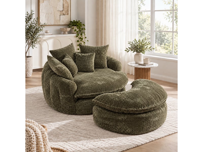 Fauteuil lounge géant 190,5 x 138 x 63 cm vert olive, mousse et tissu polyester, dossier réglable et coussin - Conforama C