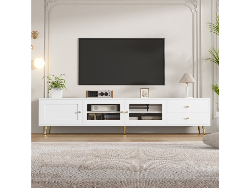  Meuble tv avec 2 tiroirs, 2 portes vitrées, 1 porte et étagères réglables pour salon, blanc, 170 × 40 × 43 cm  - Conforama C