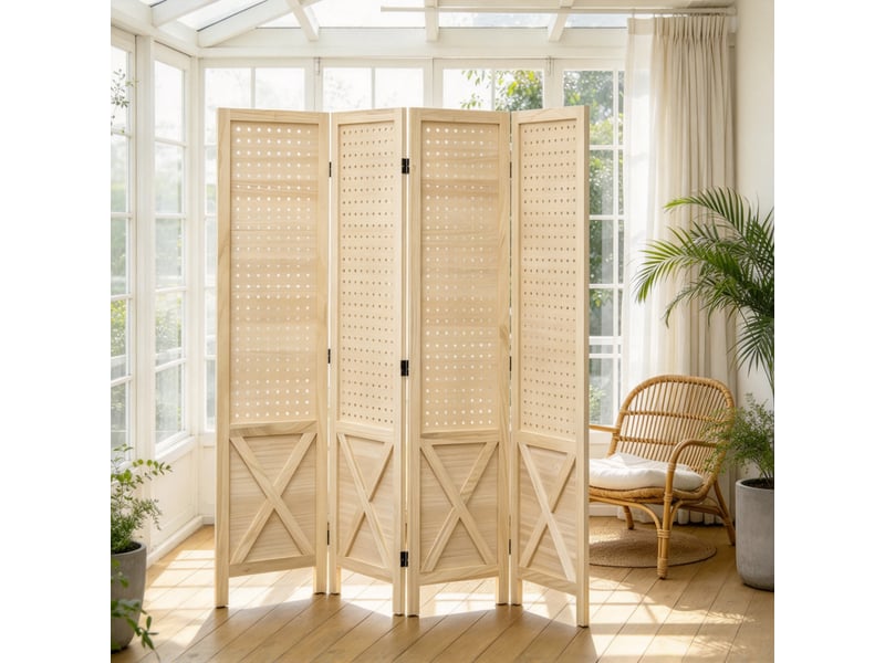 Paravent intérieur pliable 4 panneaux en bois, séparateur de pièce avec panneaux perforés, cloison décorative naturelle - Conforama D