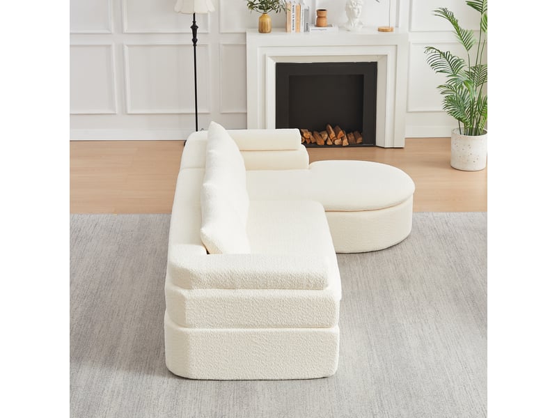 Canapé d’angle 3 places en chenille crème, méridienne arrondie Fay Lum - Conforama E