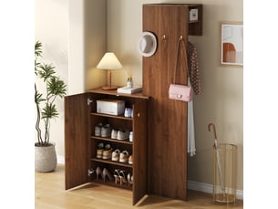 Armoire d’entrée compacte 115 x 38,5 x 191,5 cm avec rangement chaussures et penderie, meuble d’entrée, mdf, noyer