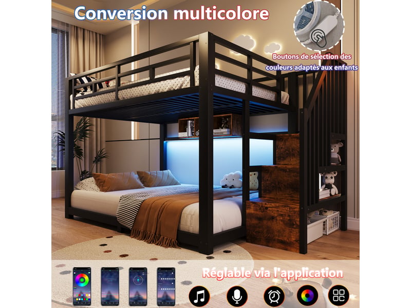  Lit superposé enfant 140x200cm en métal avec led et escalier rangement,lit mezzanine avec barrières,garde-corps,marches,sans matelas,noir  - Conforama D
