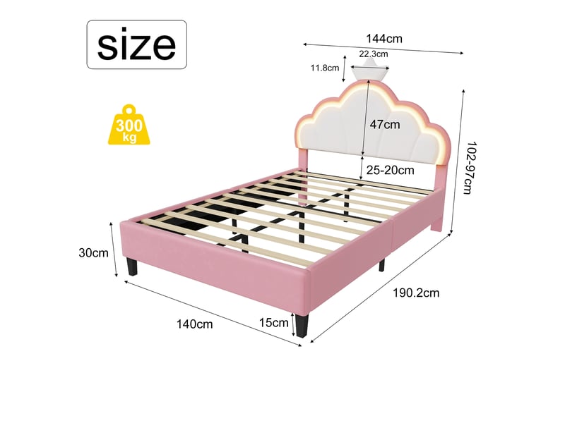  Lit double 140x190 cm avec éclairage led et tête de lit réglable en hauteur, lit capitonné en velours rose, structure de lit avec sommier à lattes  - Conforama C