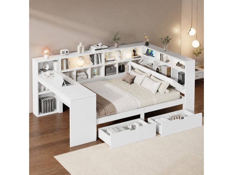  Lit 140 x 200 cm en l blanc avec bureau, bibliothèque, tiroirs et éclairage led  - Conforama B