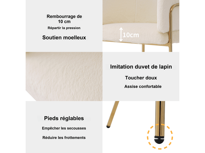 Chaise avec accoudoirs lot de 2 imitation duvet de lapin blanc, piètement métal doré, 57 x 57 x 77 cm, salon chambre - Conforama D