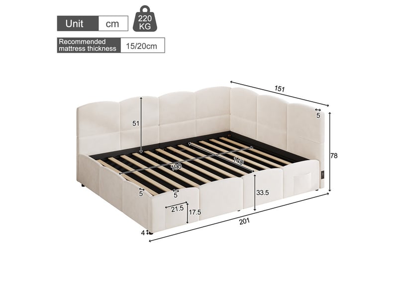  Lit coffre rembourré 140x190 cm - avec port usb et poche de rangement - tissu velours - sommier à lattes - beige (sans matelas)  - Conforama C