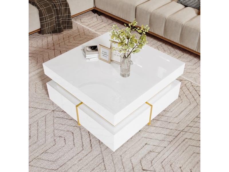  Table basse blanche brillante avec 2 tiroirs et détails dorés, 70 x 70 cm  - Conforama B
