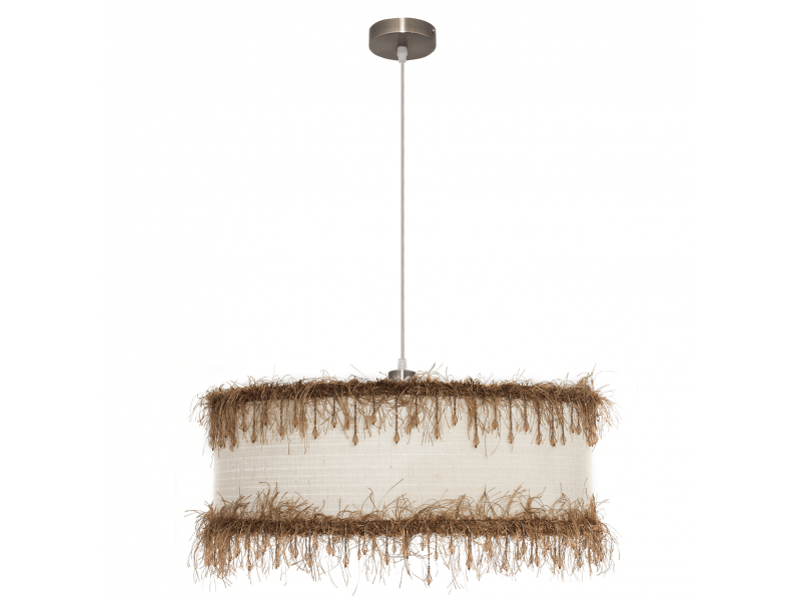  Suspension ABRILA Hilos 1 lumière E27 beige, abat-jour textile à passementerie ocre Ø50 cm, hauteur réglable 40-100 cm 117595015 - Conforama A