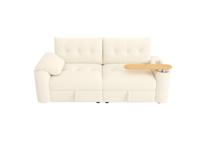 Canapé droit compact 2-3 places 207,5 cm, tissu teddy, 2 coffres sous assise, têtière, table d’appoint pivotante 270°, rangement accoudoir, beige Morn Vibe - Conforama A