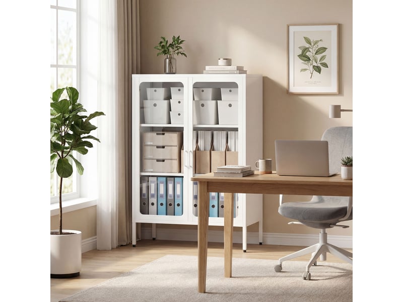  Armoire de bureau avec 2 portes en verre, 2 étagères réglables, meuble de rangement bureau en acier, blanc, 80x40x110cm  - Conforama D
