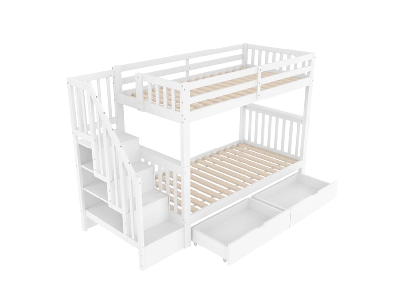  Lit superposé blanc 90x200 cm, escalier-rangement, 2 tiroirs  - Conforama D