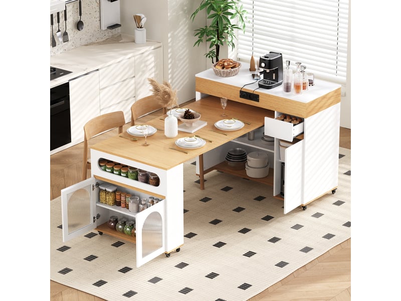  Îlot de cuisine sur roulettes table extensible 50.5-187.5 cm multiprise tiroir blanc et chêne naturel  - Conforama C