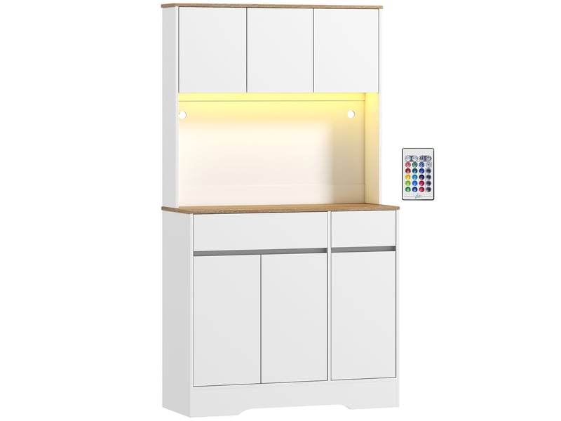  Buffet cuisine meuble cuisine rangement haut avec lumière led rgb, plan de travail, 6 portes, 2 tiroirs, blanc  - Conforama A