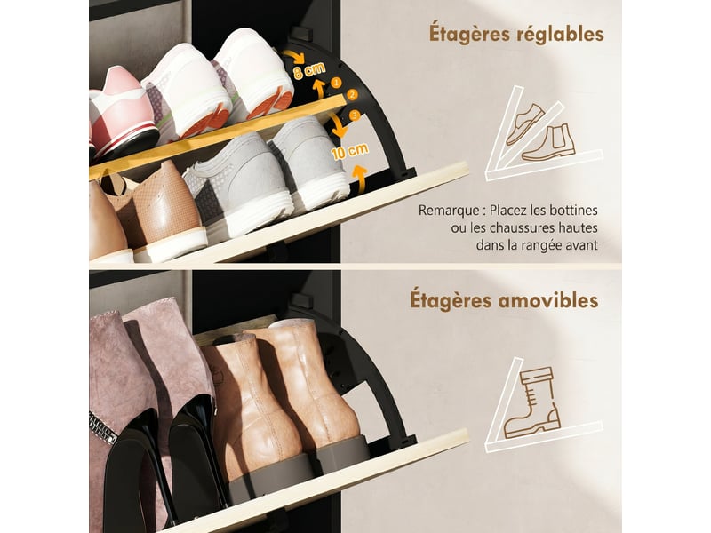  Meuble à chaussures 15 paires, armoire à chaussures moderne avec 2 tiroirs rabattables, noir, 83x24x90,5cm  - Conforama E