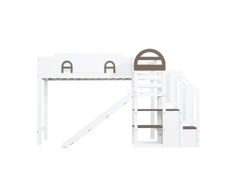  Lit mezzanine 90x200 cm, lit enfant avec toboggan et escalier de rangement, pin massif et mdf, blanc  - Conforama D