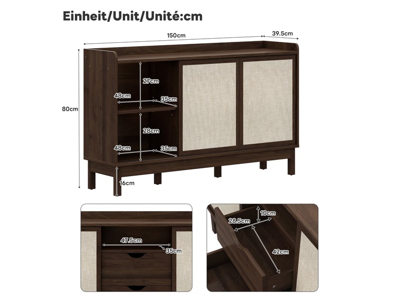  Commode 2 tiroirs et 2 portes coulissantes, 150 x39,5 x 80 cm, style vintage, design « color-block », couleur noyer  - Conforama C