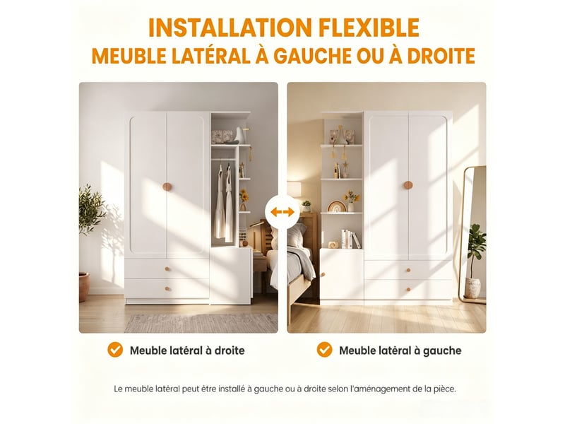  Armoire multifonction à portes battantes, 200 x 135 x 45 cm, 2 tringles, 2 tiroirs, 4 poignées en bois massif, pour chambre, blanc  - Conforama E
