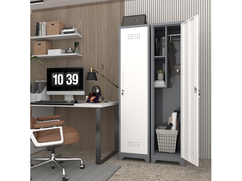  Armoire de rangement étroite 165 x 40 x 40 cm grise en métal, porte verrouillable et 4 compartiments  - Conforama D