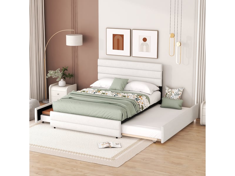  Lit gigogne 140 × 200 cm et 90 × 190 cm 2 places avec 2 tiroirs, sans matelas, en tissu de lin, beige  - Conforama B