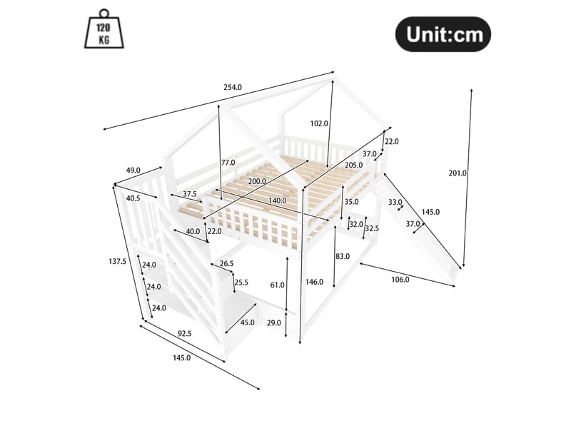  Lit superposé enfant 140x200 cm avec escalier de rangement et toboggan blanc  - Conforama C