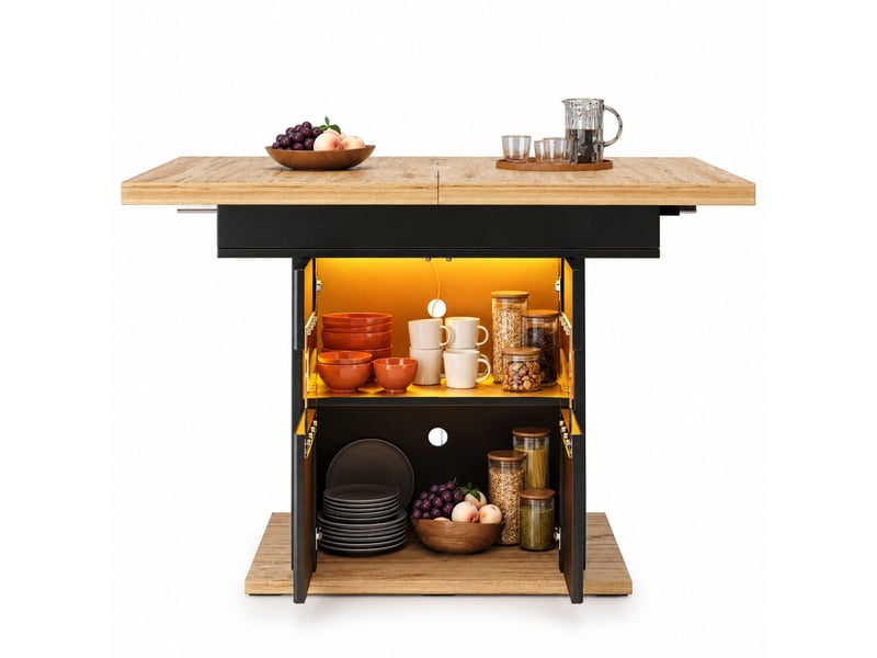 Table à manger extensible 110-140 cm avec rangement et led, finition noire, style repas moderne, dessus en bois, usage cuisine, aggloméré - Conforama A