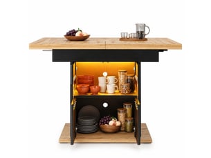 Table à manger extensible 110-140 cm avec rangement et led, finition noire, style repas moderne, dessus en bois, usage cuisine, aggloméré