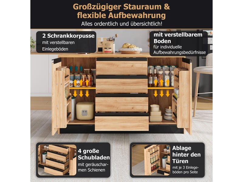 Îlot de cuisine 140x80x90 cm - extensible - grand rangement - rabattable - 4 tiroirs - mdf - gain de place - meuble de rangement - blanc CozyNest - Conforama E