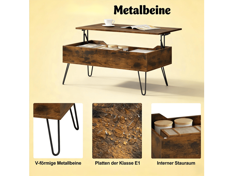  Table basse relevable vintage 95x50 cm – marron rustique – plateau relevable avec rangement discret  - Conforama E