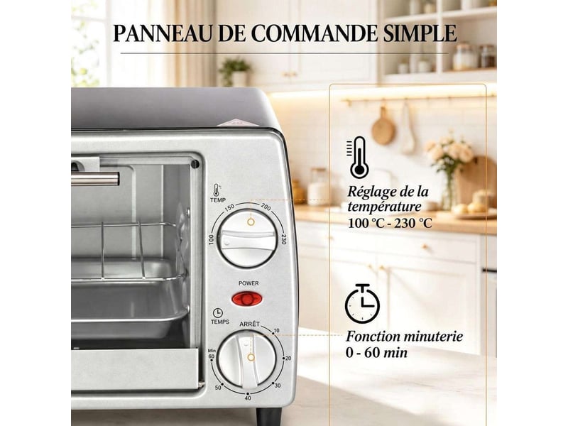 Mini-four électrique compact avec thermostat 100-230°c, minuterie 60 min, 2 positions de grille et accessoires inclus - Conforama E