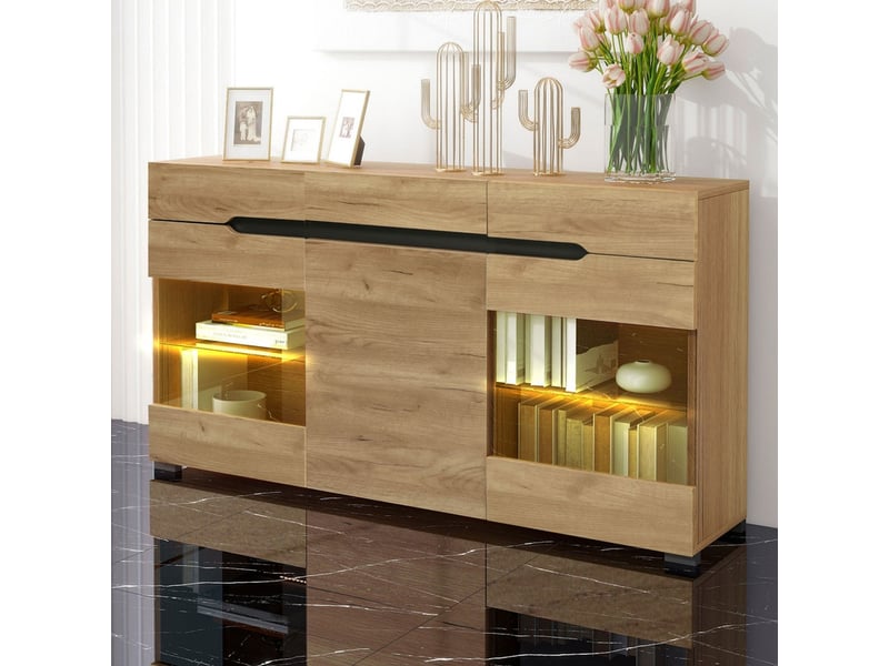  Buffet avec éclairage led, portes en acrylique transparent, trois portes et trois tiroirs, meuble de salon moderne, finition en bois  - Conforama D