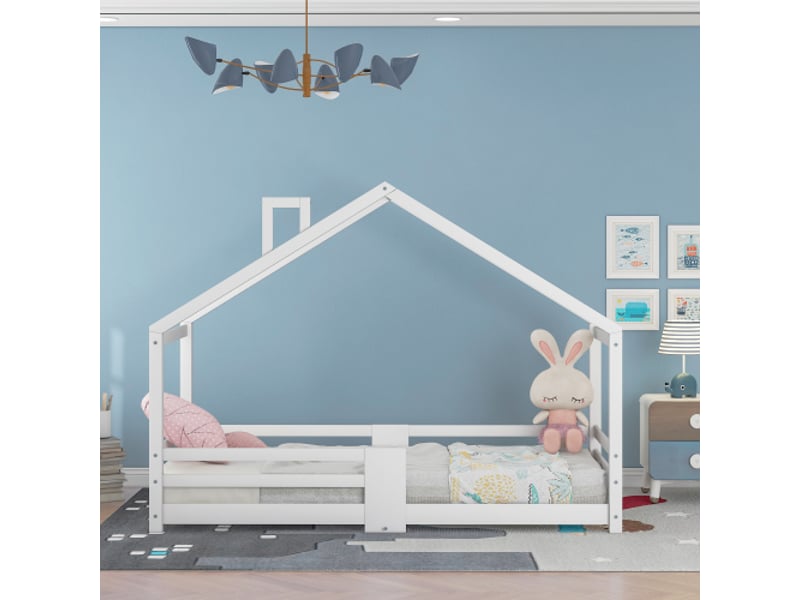  Lit enfant cabane 90 x 200 cm avec sommier, pin + mdf, blanc, sans matelas  - Conforama R