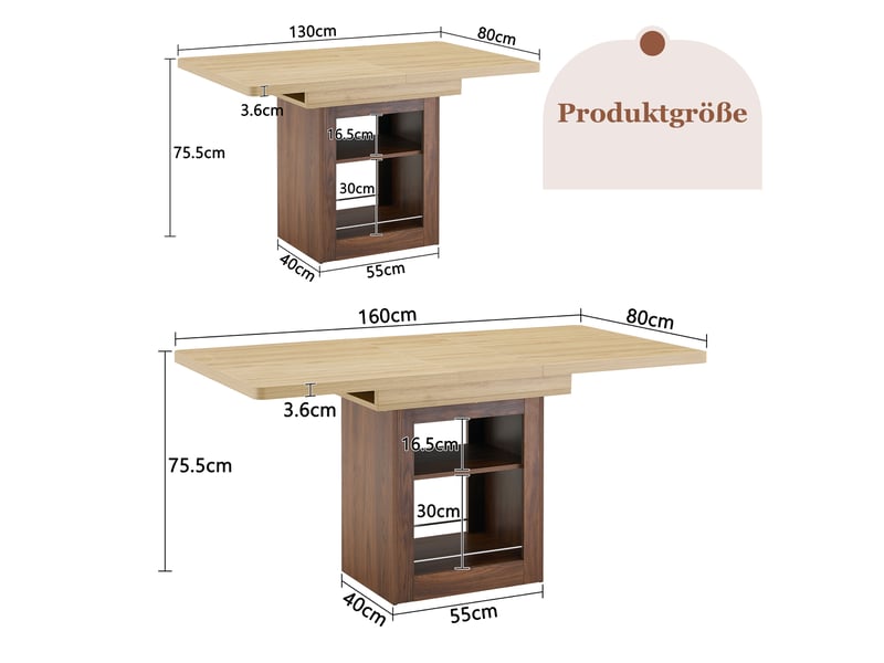 Table à rallonges imitation bois, noyer, en mdf, avec tablette intégrée, couleur naturelle  - Conforama C