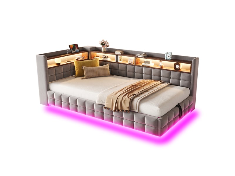 Lit banquette 90 x 200 cm gris clair en velours doux avec coffre hydraulique, étagères bois, led, prise, ports usb type-c et lattes chambre  - Conforama A