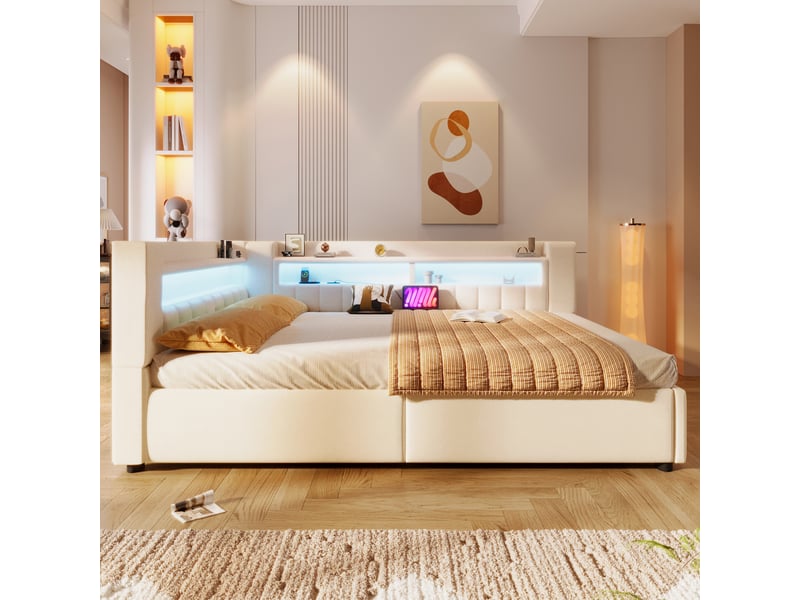 Lit coffre hydraulique 140x200 cm avec led et usb-c, tissu lin beige, structure mdf, sans matelas - Conforama W