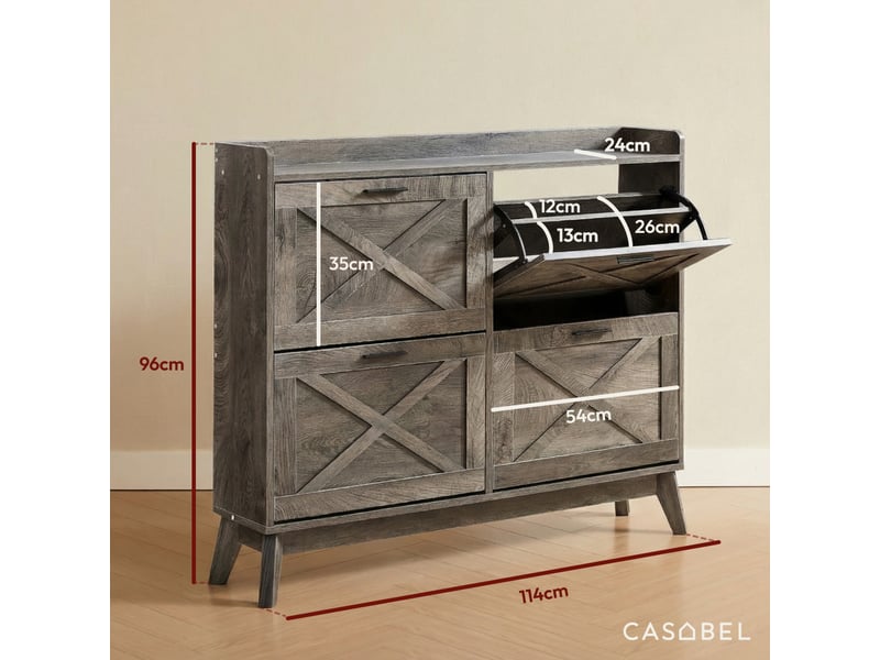  Casabel meuble à chaussures 24 paires, façades motif croix, étagères ajustables, grande capacité, bois foncé  - Conforama B