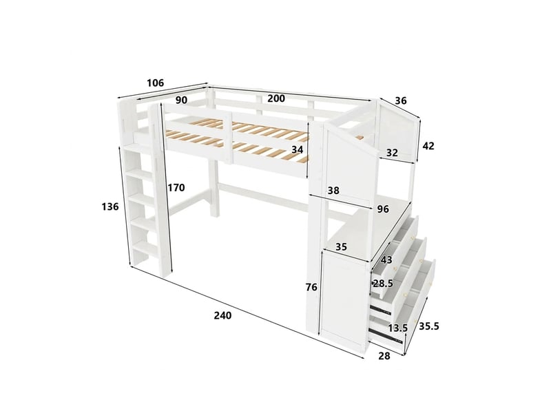 Lit mezzanine 90x200 avec 3 tiroirs et étagères, éclairage led, bois massif, blanc  - Conforama E