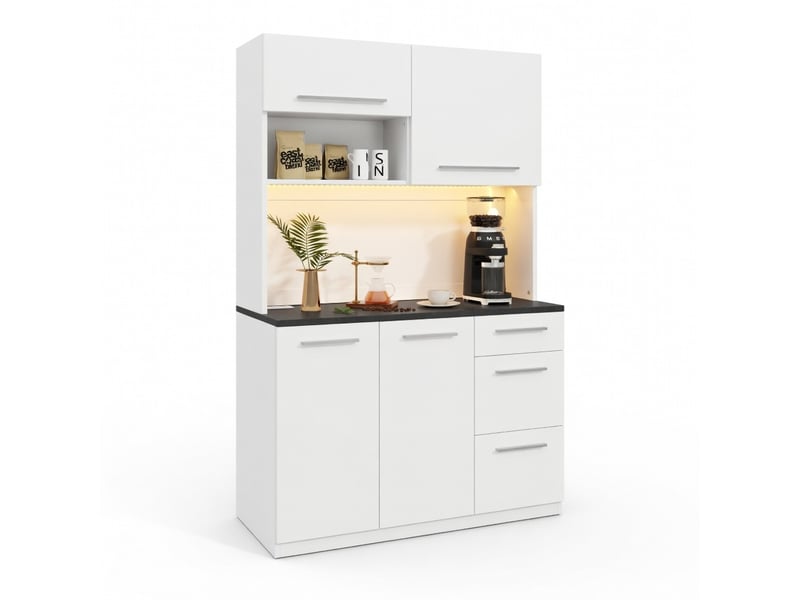 Buffet haut blanc 120x40x180 cm avec étagères, prises usb et bande lumineuse pour salle à manger - Conforama A