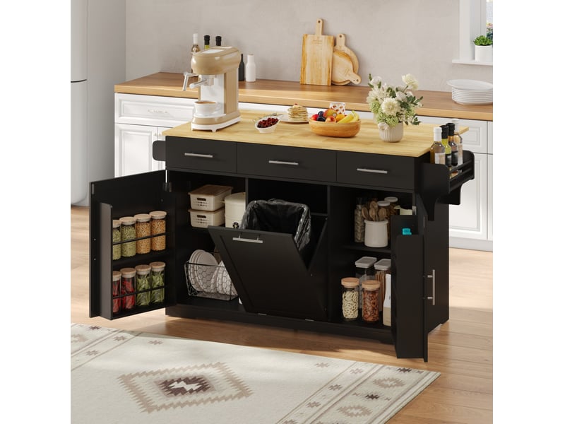  Desserte de cuisine à plateau rabattable avec 3 tiroirs, prises et roulettes, en mdf noir et naturel 136 × 75 × 92 cm  - Conforama E